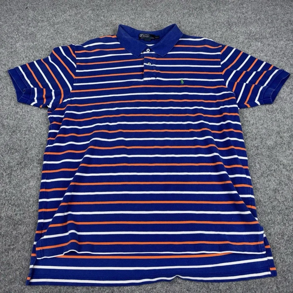 Polo Ralph Lauren Polo Shirt Mens 2XL Y2K Blue Orange Striped Preppy Casual EUC
